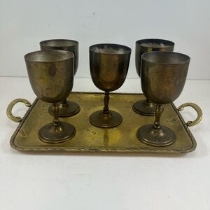 Vintage Brass Goblet Set with Tray